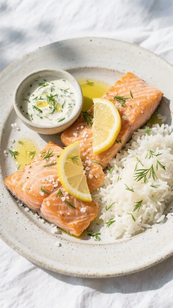 Tasty top view: Overhead shot of salmon fillets arranged on a stoneware platter with a small bowl of