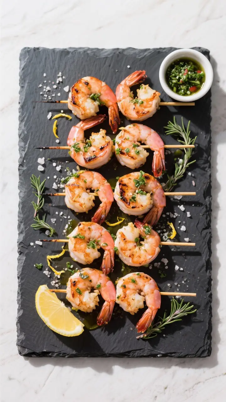 Tasty top view: Overhead shot of several shrimp skewers arranged in a neat grid on a slate board, sh