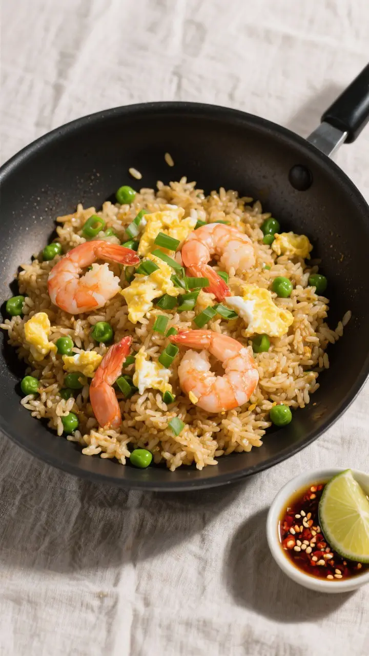 Tasty top view: Overhead shot of shrimp fried rice with peas just finished in the pan—golden rice 