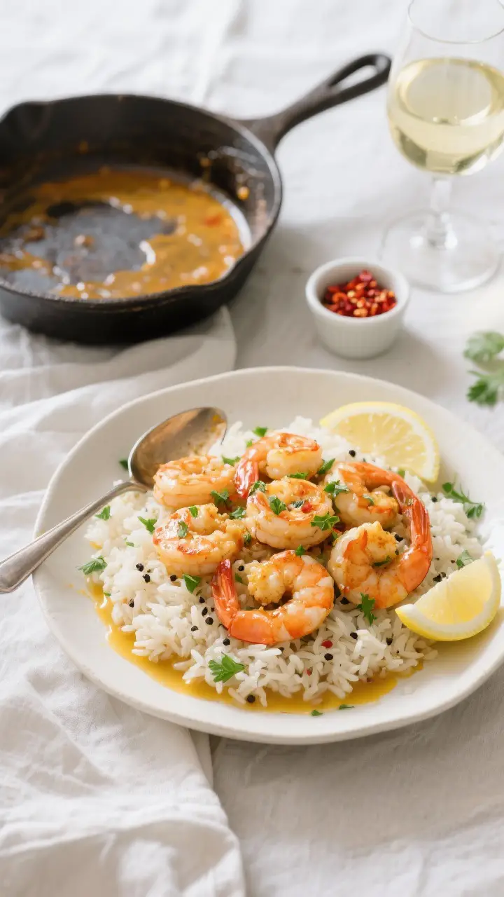 Tasty top view: Overhead shot of shrimp scampi spooned onto warm rice for a gluten-free option, show