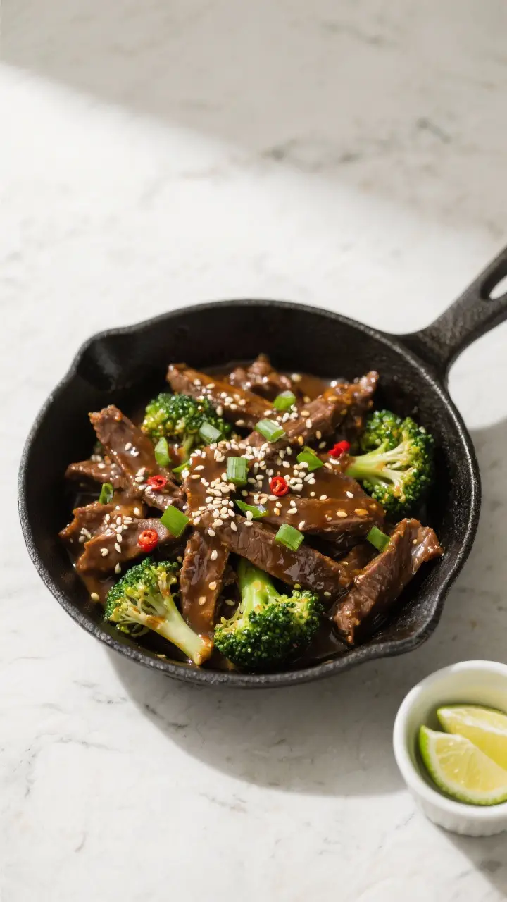 Tasty top view: Overhead shot of skillet beef and broccoli just finished in the pan, sauce thick and