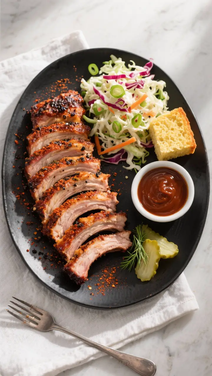 Tasty top view: Overhead shot of sliced baby back ribs arranged in a neat fan on a matte black platt