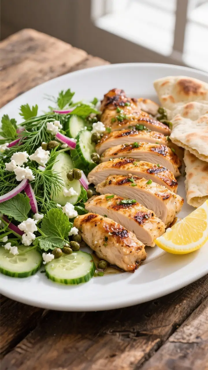Tasty top view: Overhead shot of sliced grilled lemon-garlic chicken arranged on a platter beside a 
