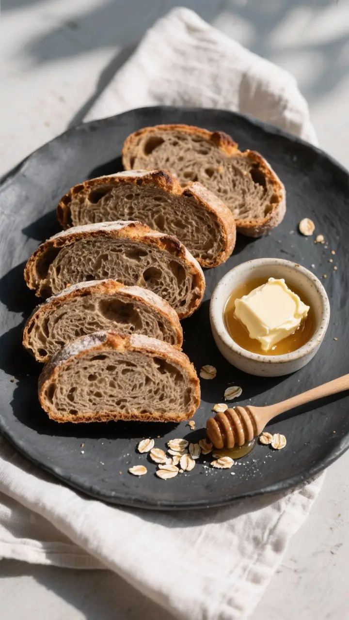 Tasty top view: Overhead shot of sliced Outback bread arranged in a gentle fan on a matte charcoal p