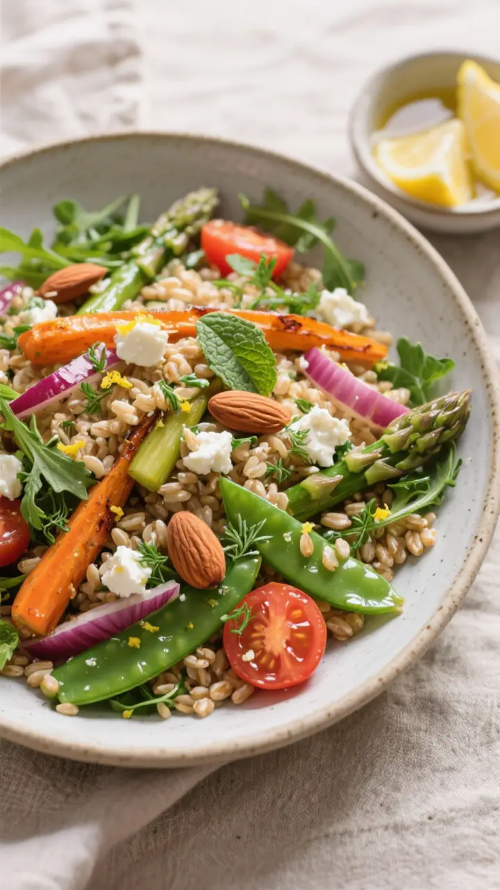 Tasty top view: Overhead shot of Spring Farro Salad in a wide, shallow ceramic bowl — chewy pearle