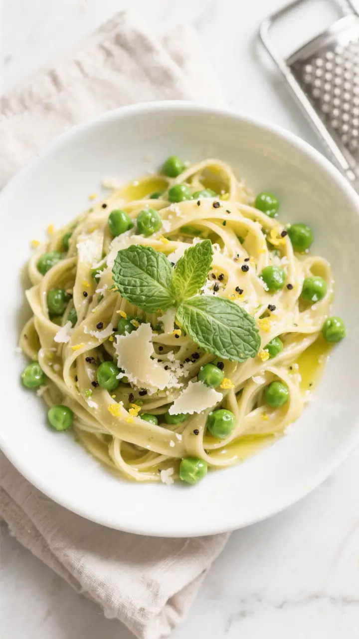 Tasty top view: Overhead shot of Spring Pea and Mint Fettuccine in a wide white pasta bowl, sauce ev