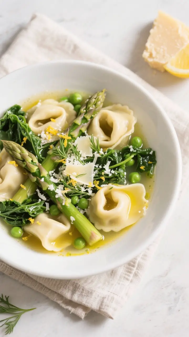 Tasty top view: Overhead shot of Spring Tortellini Soup served in a wide white bowl, showing plump t