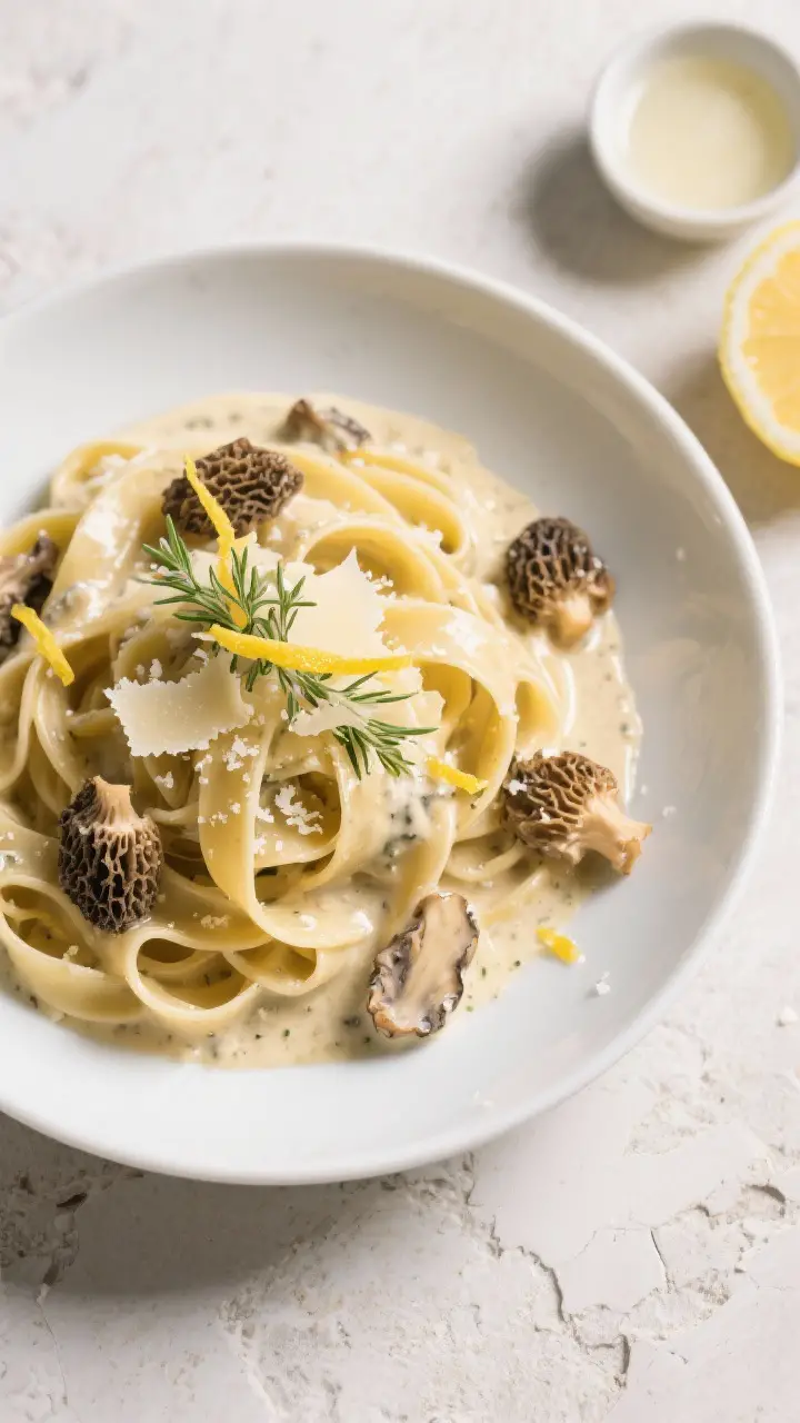 Tasty top view: Overhead shot of tagliatelle tossed in creamy morel sauce, glossy and well-emulsifie