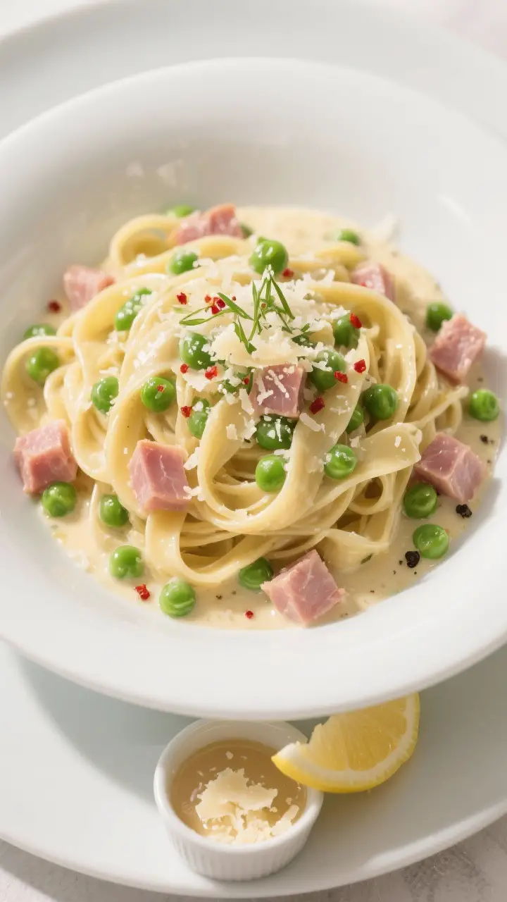 Tasty top view: Overhead shot of tagliatelle with peas and ham in a wide, shallow white bowl; creamy