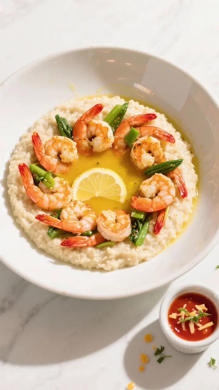 Tasty top view: Overhead shot of the assembled bowl showing a neat ring of silky grits with a glossy