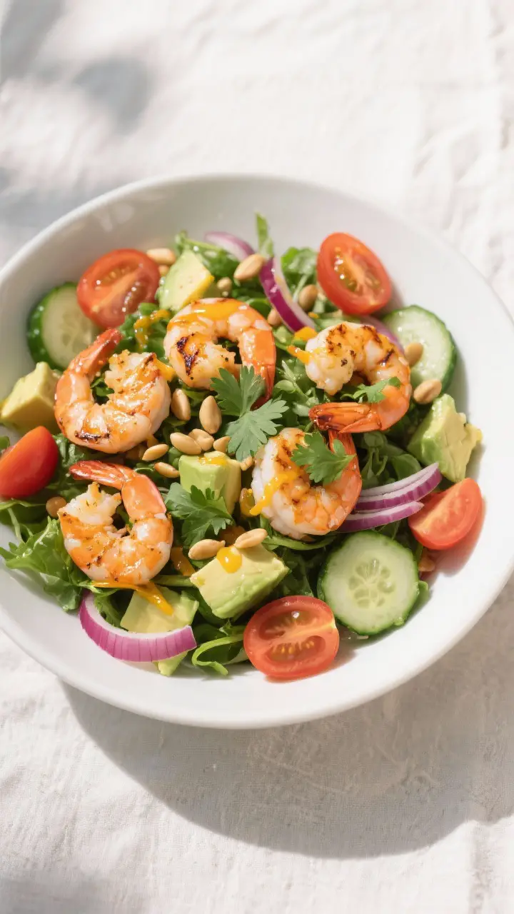 Tasty top view: Overhead shot of the assembled Grilled Shrimp and Avocado Salad in a wide, shallow w