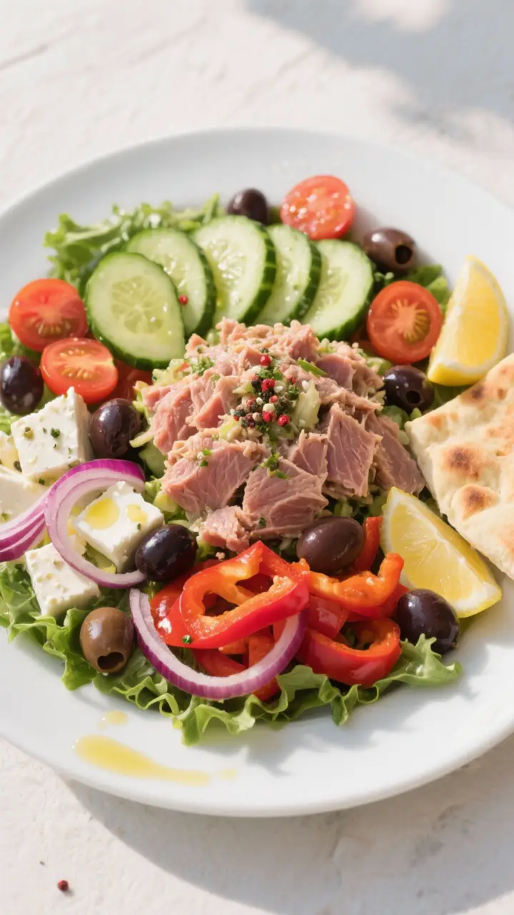 Tasty top view: Overhead shot of the assembled Mediterranean Tuna Salad Platter on a large white pla