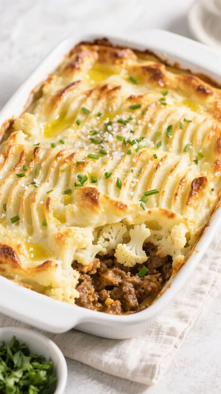 Tasty top view: Overhead shot of the assembled Shepherd’s Pie right out of the oven, golden mashed