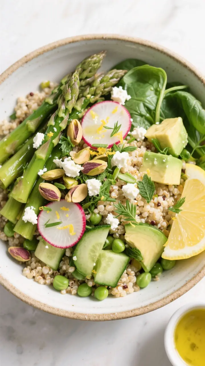 Tasty top view: Overhead shot of the assembled Spring Vegetable Quinoa Bowl in a wide, shallow ceram