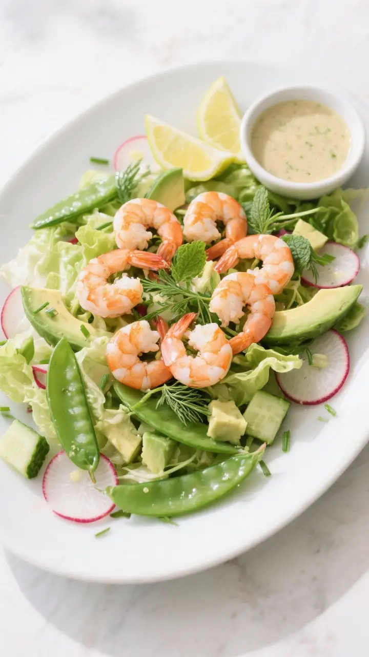 Tasty top view: Overhead shot of the assembled Spring Shrimp Salad with Avocado on a wide white plat