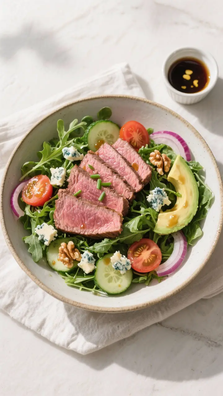 Tasty top view: Overhead shot of the assembled Steak and Blue Cheese Salad in a wide, shallow cerami