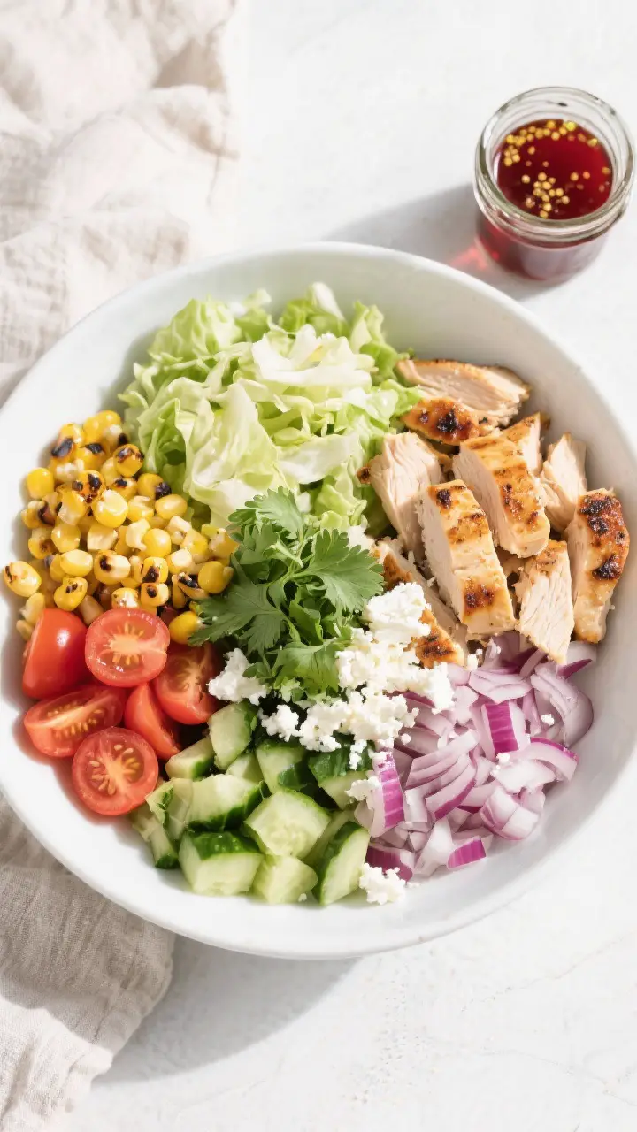 Tasty top view: Overhead shot of the chopped salad just before tossing—neatly arranged sections of