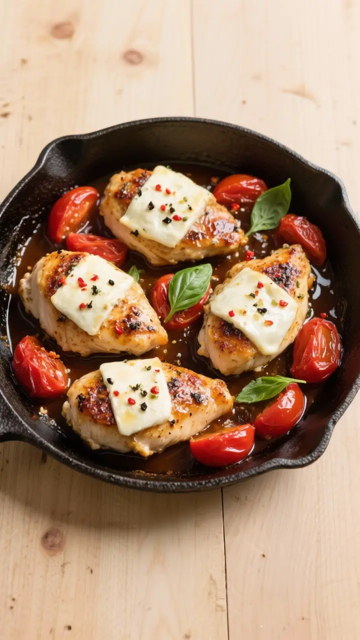 Tasty top view: Overhead shot of the entire skillet right off the heat—four mozzarella-capped chic