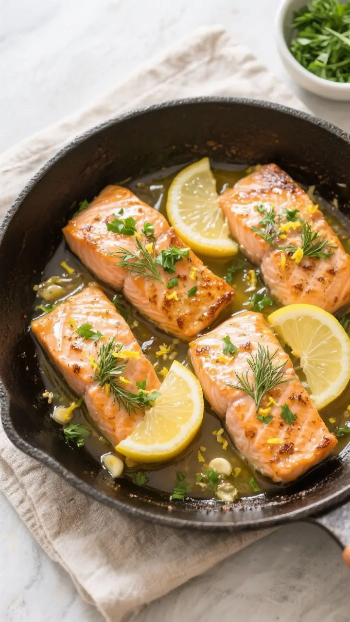 Tasty top view: Overhead shot of the final Lemon Herb Salmon Skillet, four cooked salmon fillets nes
