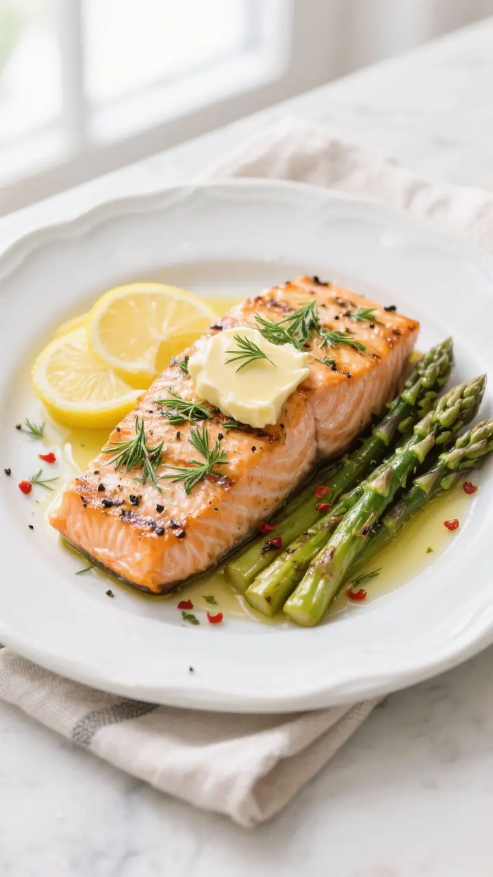 Tasty top view: Overhead shot of the final plated grilled lemon dill salmon on a white ceramic plate