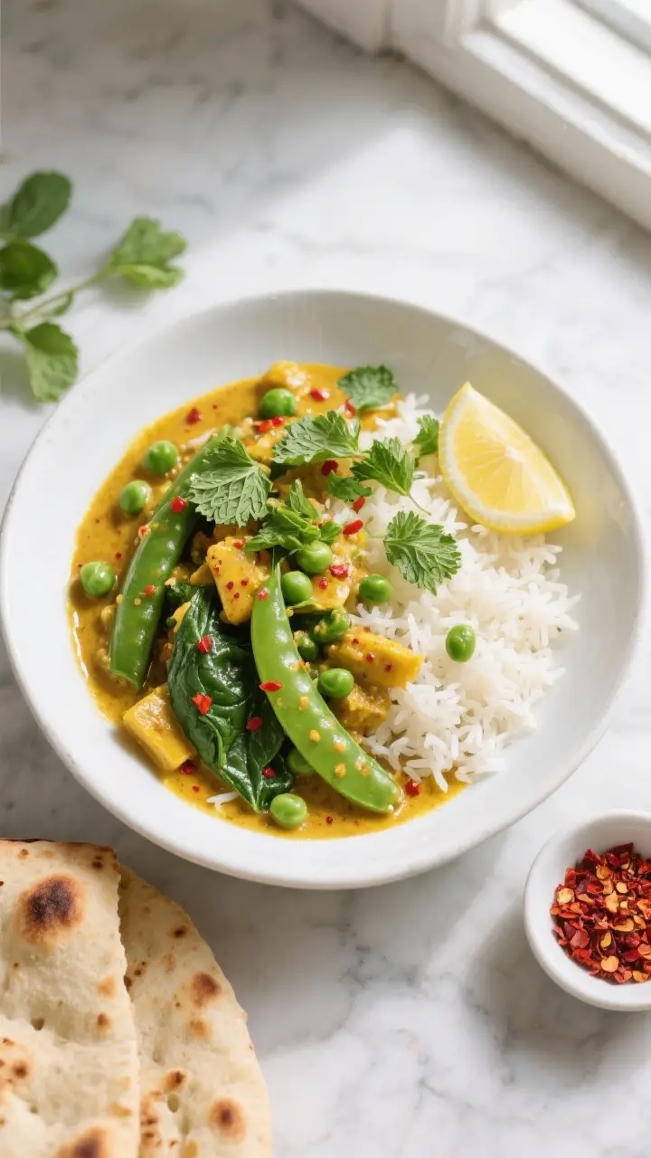 Tasty top view: Overhead shot of the final plated spring vegetable curry over fluffy basmati rice in