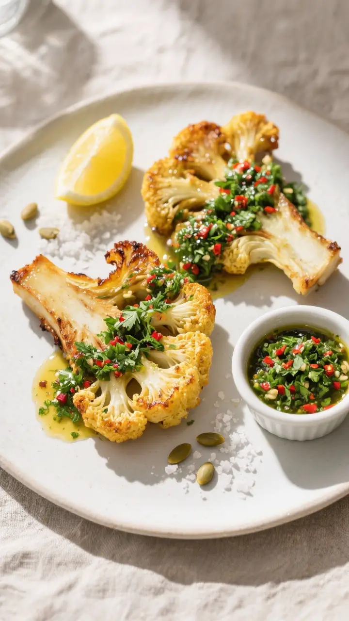 Tasty top view: Overhead shot of the final plated dish—two golden-brown cauliflower steaks on a ma
