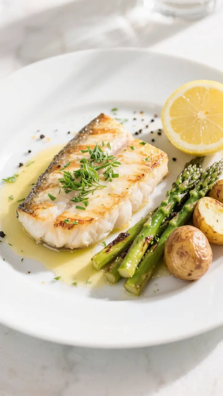 Tasty top view: Overhead shot of the final plated Grilled Halibut With Lemon Butter on a wide white 