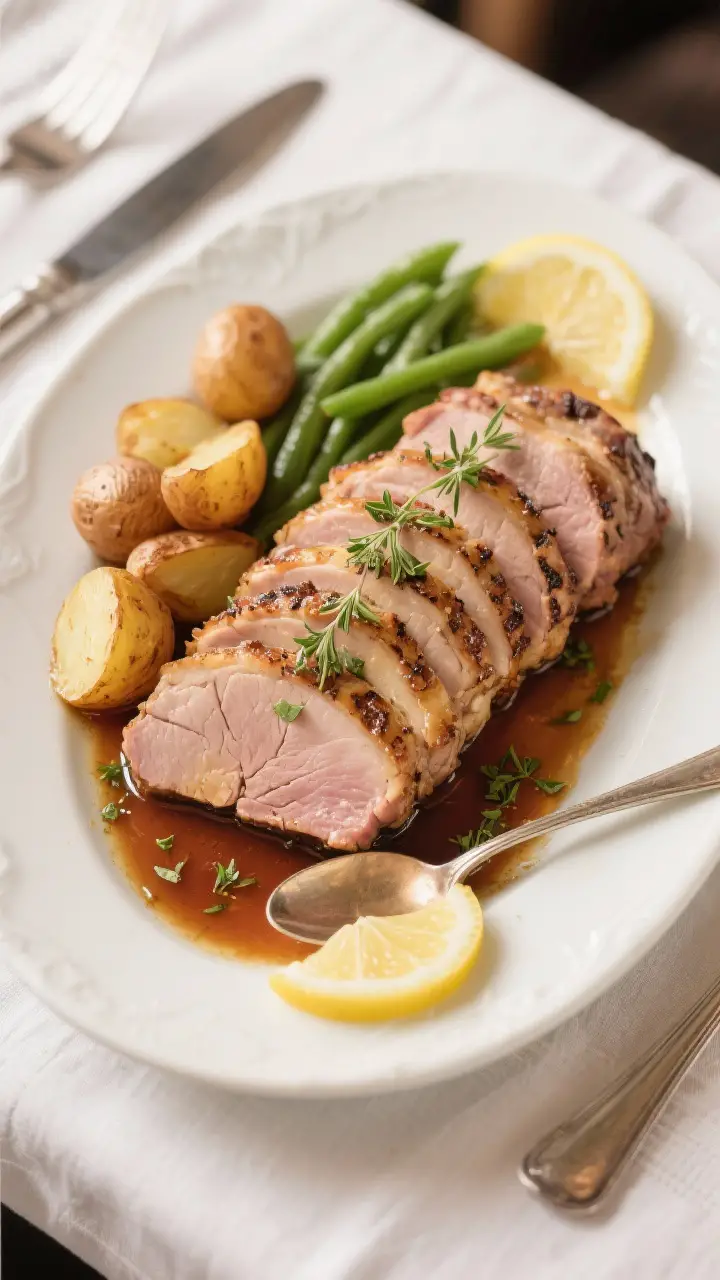 Tasty top view: Overhead shot of the final plated pork loin roast slices arranged in a neat arc on a