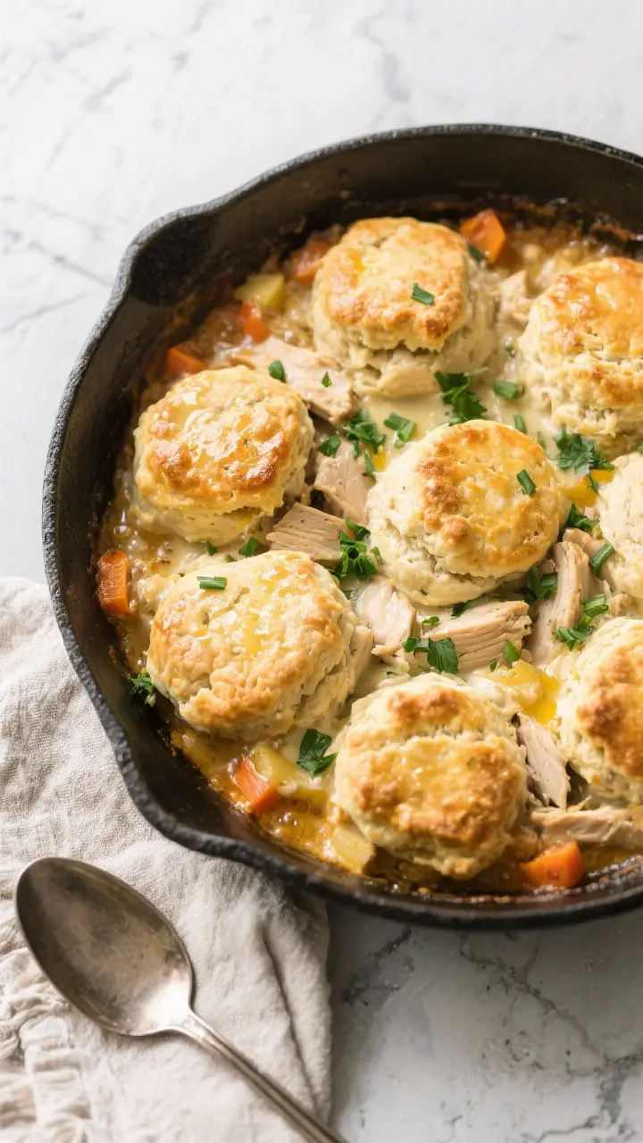 Tasty top view: Overhead shot of the finished chicken and biscuits in a cast-iron skillet, biscuits 
