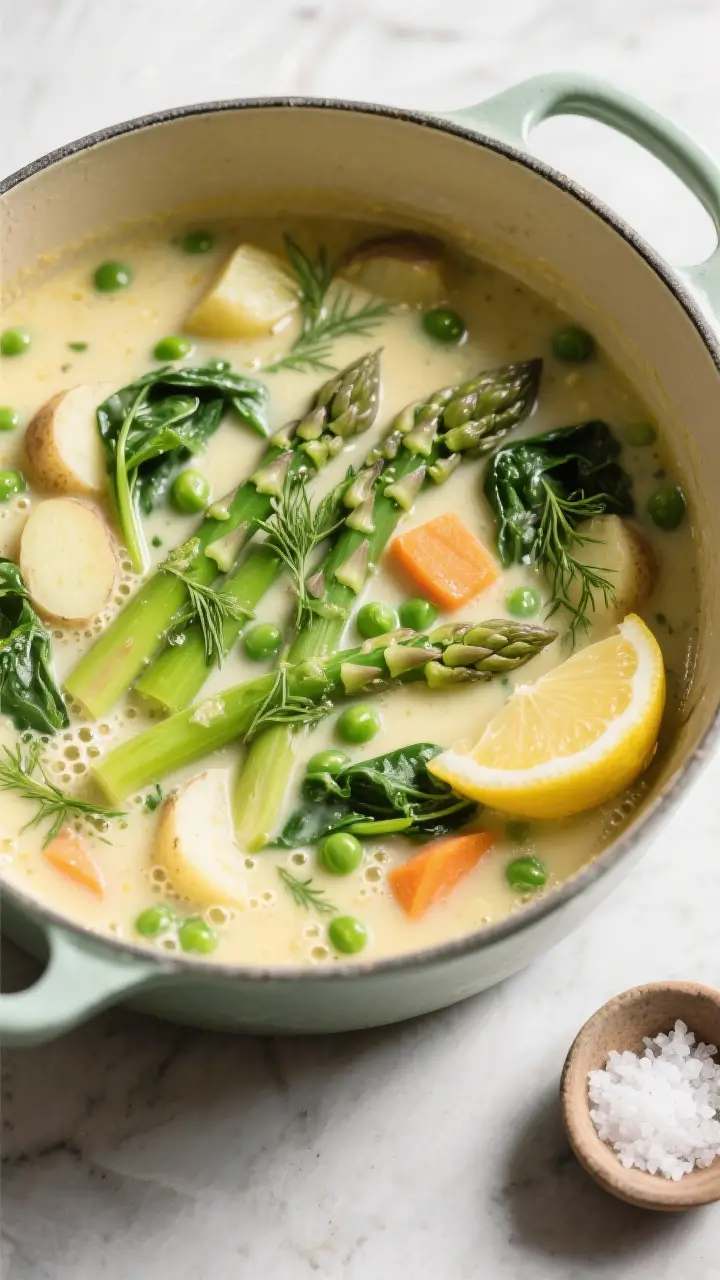 Tasty top view — Overhead shot of the finished Spring Vegetable Chowder in the pot at the moment a