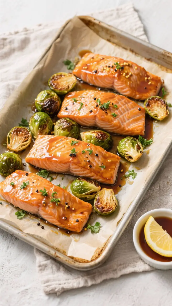 Tasty top view: Overhead shot of the finished sheet pan dinner showing four skin-on salmon fillets l