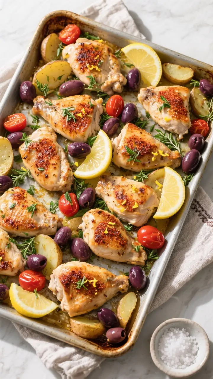 Tasty top view: Overhead shot of the finished Sheet Pan Greek Chicken with Potatoes and Olives, arra