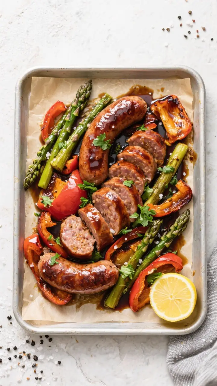 Tasty top view: Overhead shot of the finished Sheet Pan Italian Sausage with Peppers and Asparagus, 