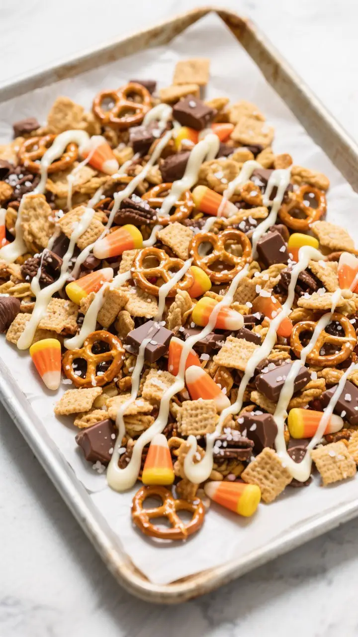 Tasty top view: Overhead shot of the finished snack mix spread on a parchment-lined sheet pan to set