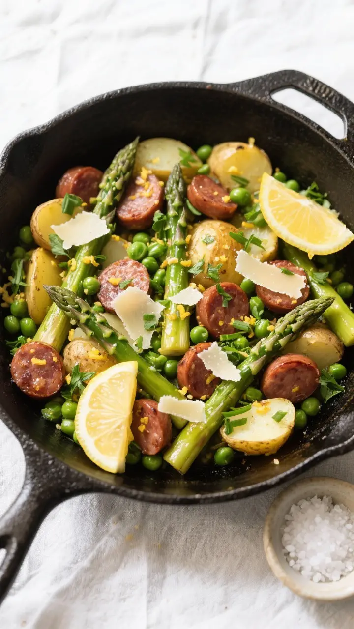 Tasty top view: Overhead shot of the finished Spring Vegetable and Sausage Skillet in a large black 