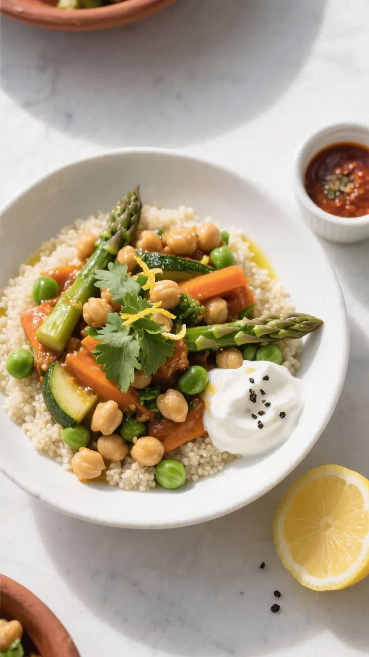Tasty top view: Overhead shot of the finished spring vegetable and chickpea tagine ladled over fluff