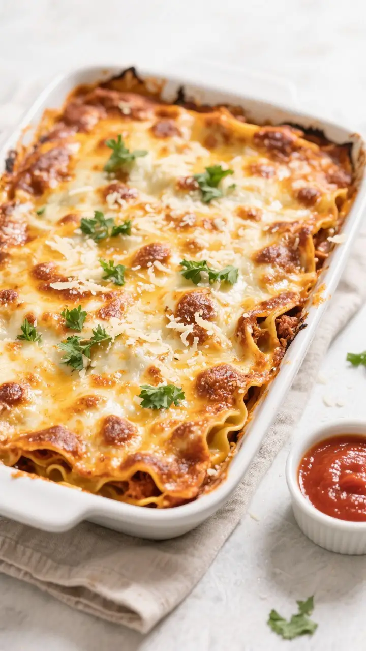 Tasty top view: Overhead shot of the full 9x13 pan of lasagna right after broiling—cheese evenly m