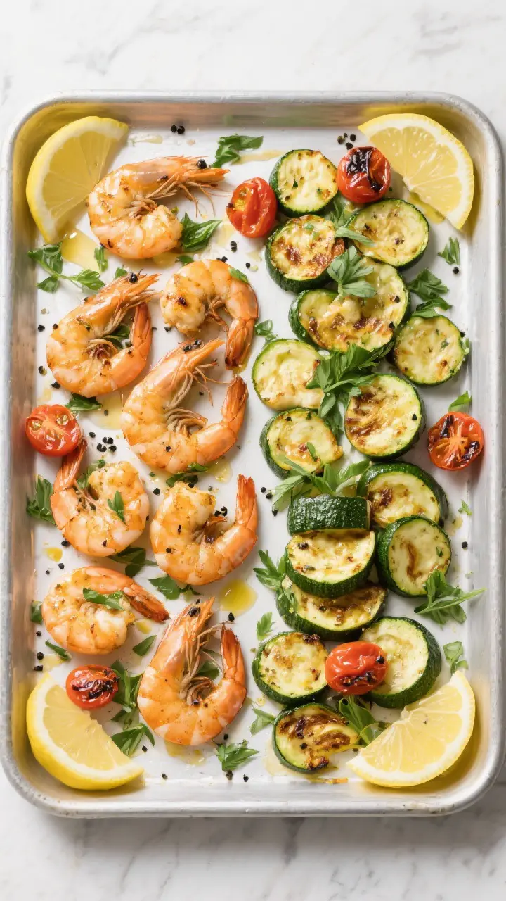 Tasty top view: Overhead shot of the full sheet pan after roasting, shrimp on one side and zucchini 