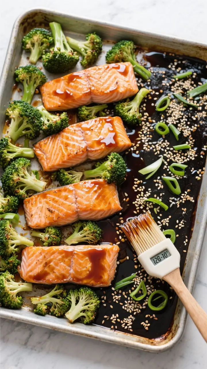 Tasty top view: Overhead shot of the full sheet pan after roasting, four salmon fillets nestled betw