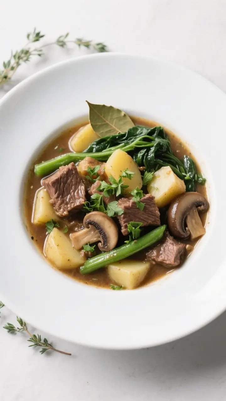 Tasty top view: Overhead shot of the lighter beef stew in a wide, shallow white bowl, showcasing ten