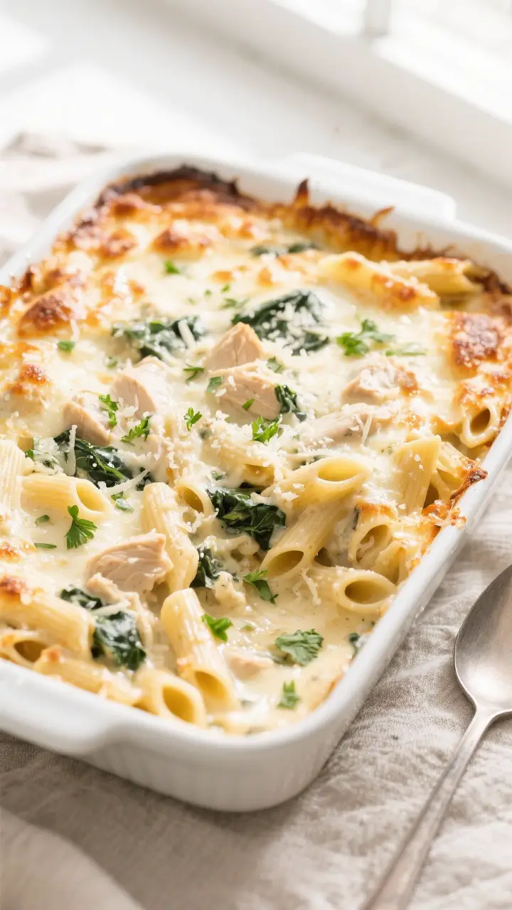 Tasty top view: Overhead shot of the Lighter Chicken Alfredo Bake just out of the oven in a 9x13 whi