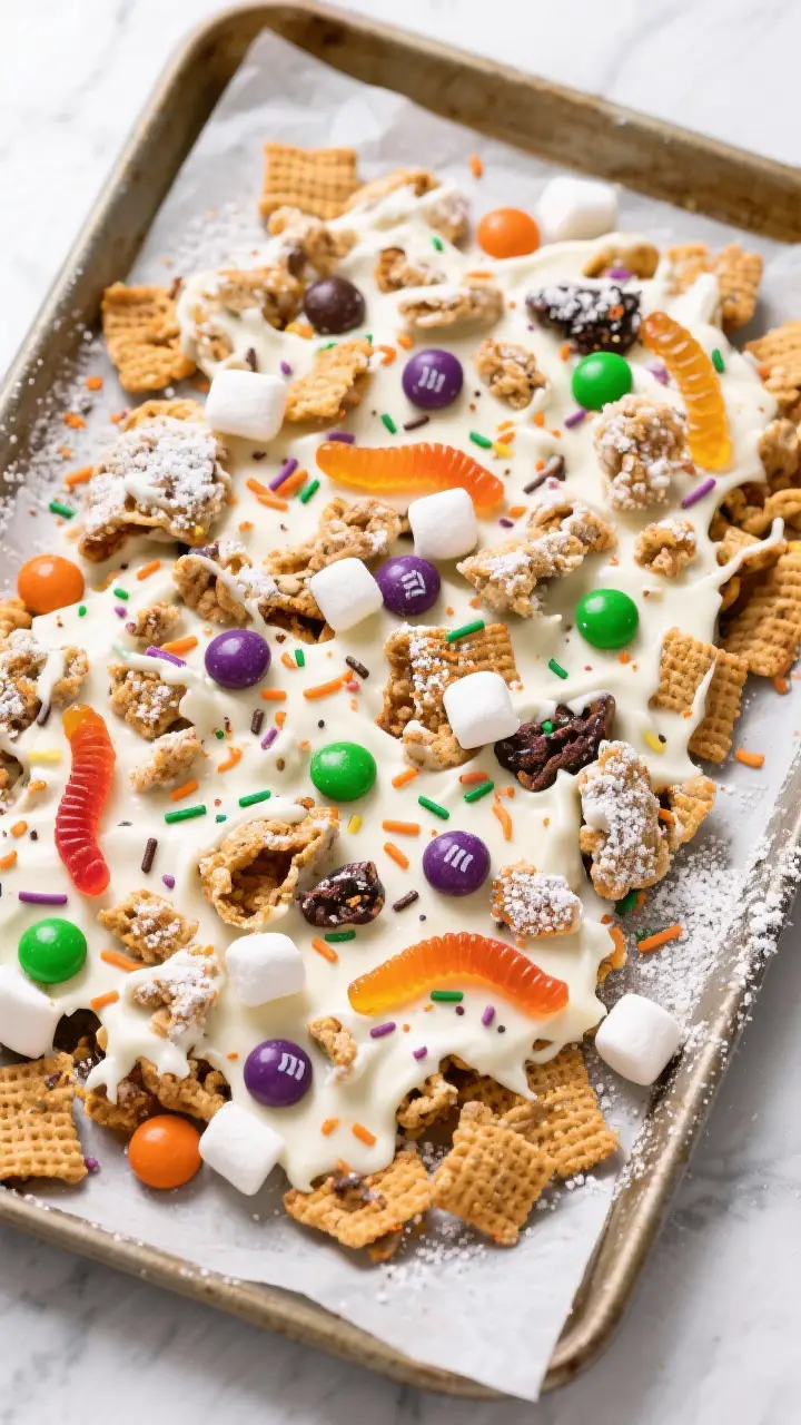 Tasty top view: Overhead shot of the set-and-tossed Zombie Bait Chex Mix spread on parchment-lined b