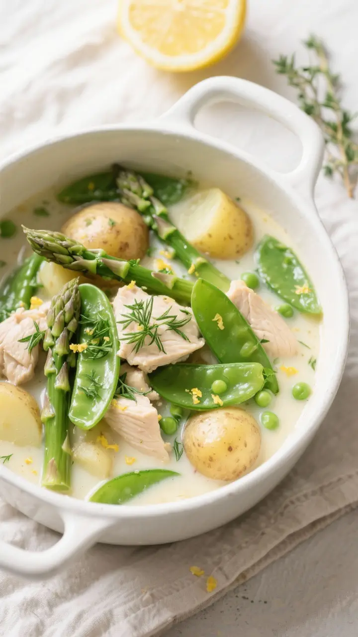 Tasty top view: Overhead shot of the spring vegetable and chicken stew at the moment the green veget