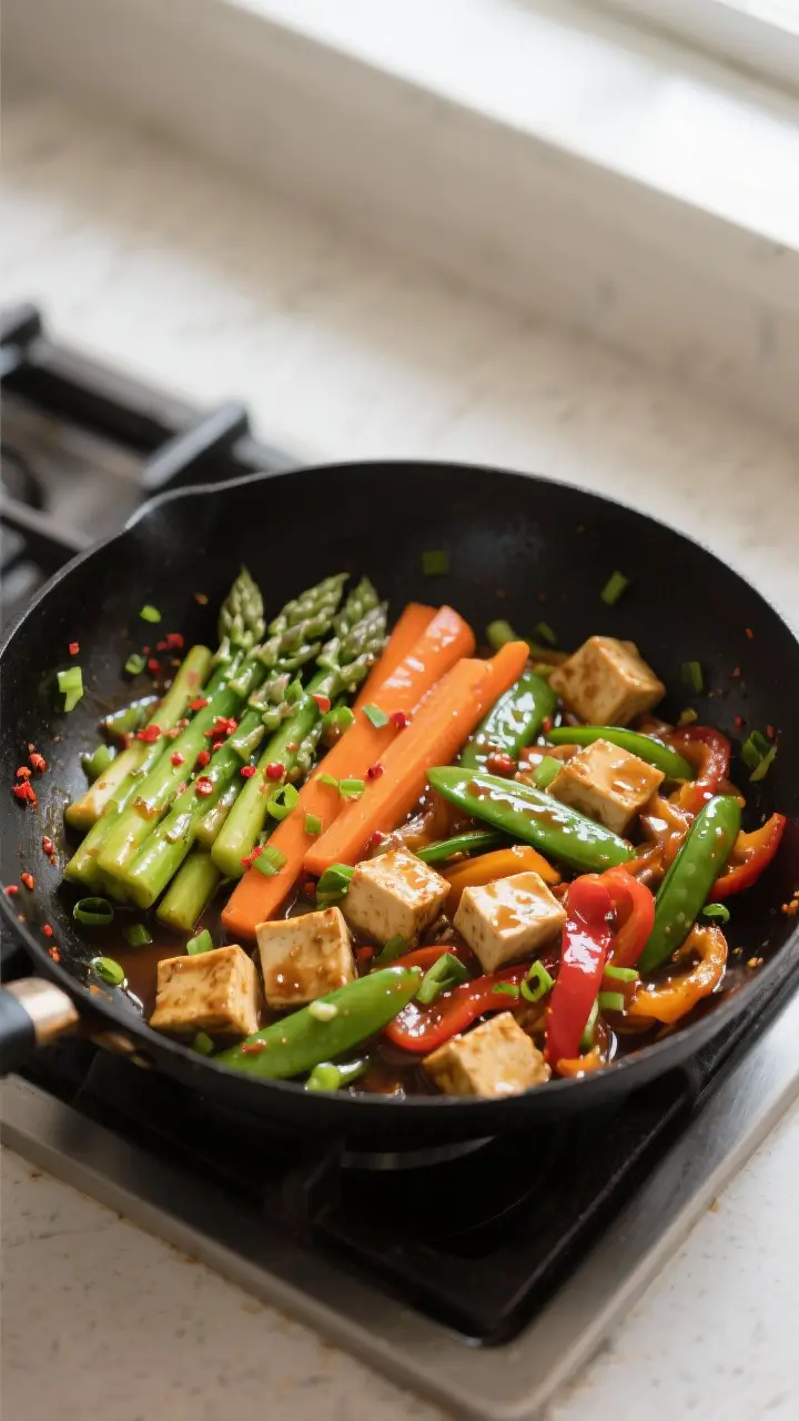 Tasty top view: Overhead shot of the stir fry just after saucing in a black carbon-steel wok; vegeta