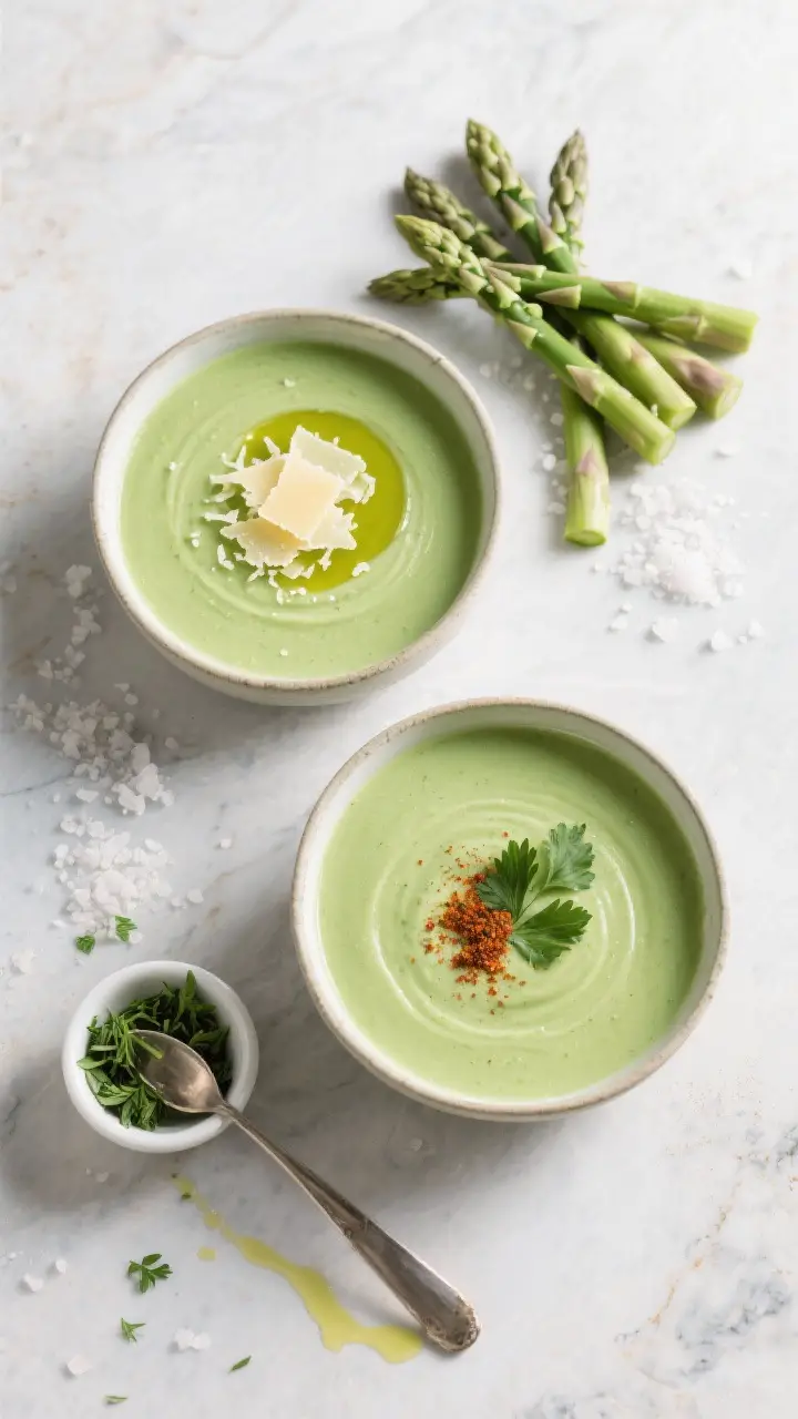 Tasty top view: Overhead shot of two bowls of cream of asparagus soup on a light stone surface, show