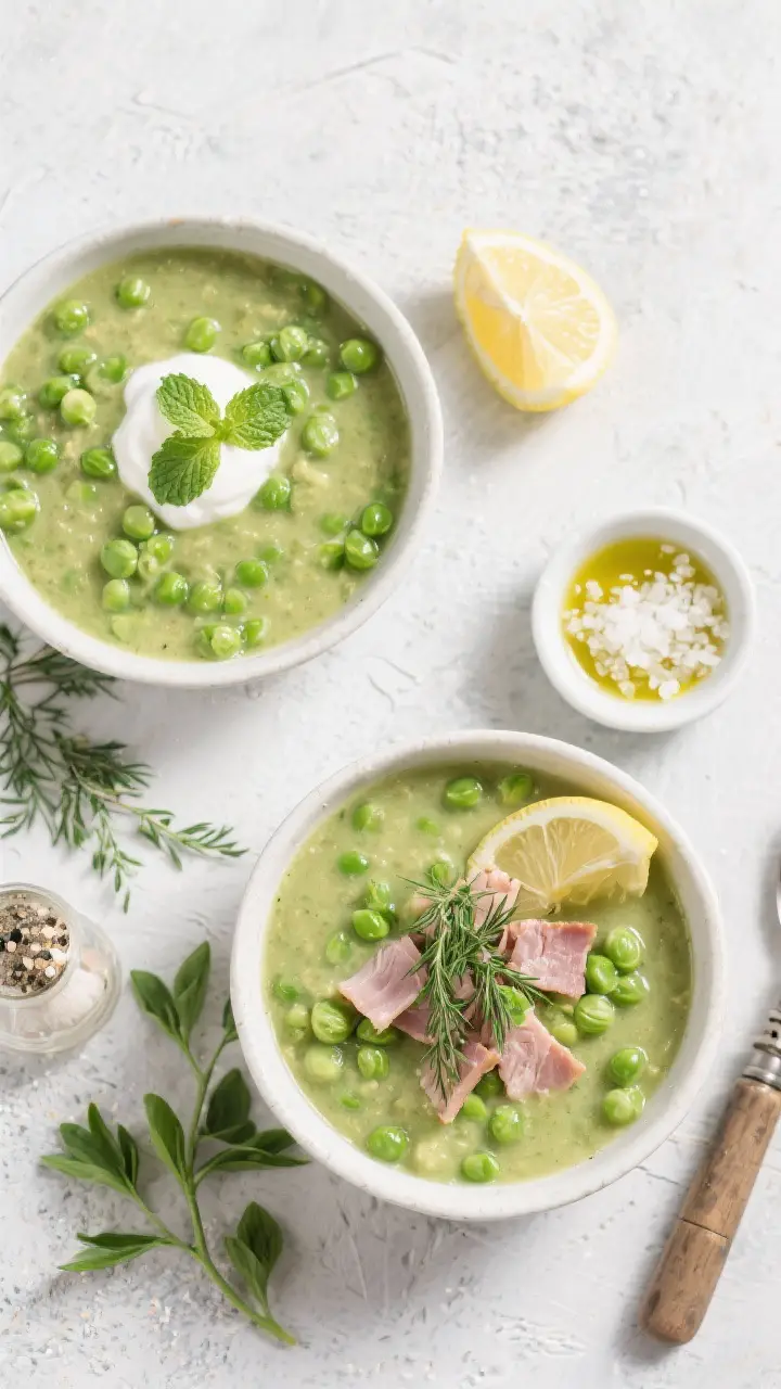 Tasty top view: Overhead shot of two bowls of spring pea and ham soup on a light textured surface, s
