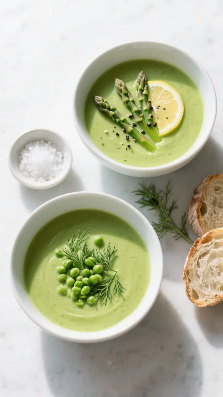 Tasty top view: Overhead shot of two bowls of the finished soup showcasing its luminous green color
