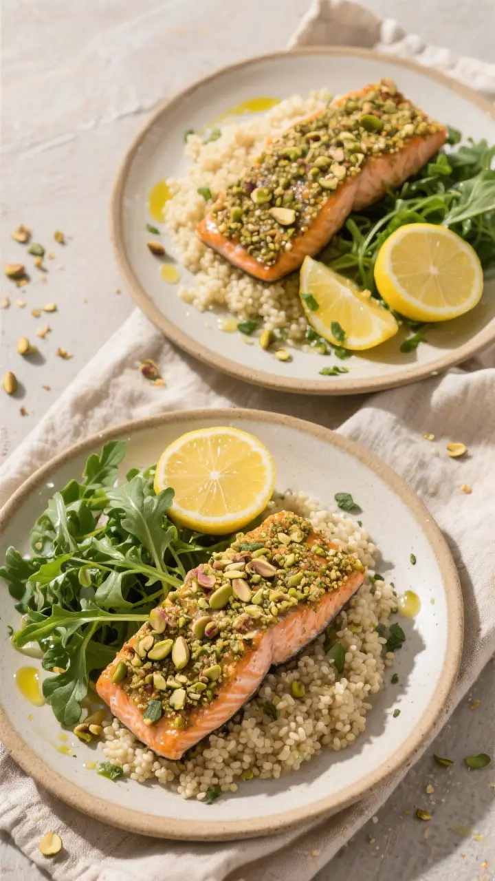 Tasty top view: Overhead shot of two pistachio-crusted salmon fillets plated with fluffy couscous an