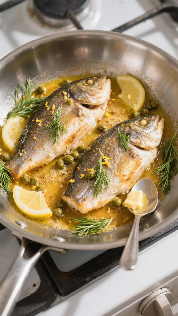 Tasty top view: Overhead shot of two sea bass fillets just finished in a stainless steel skillet, ba