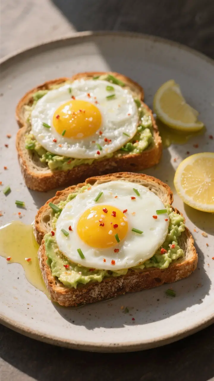 Tasty top view: Overhead shot of two sunny side up eggs on thick sourdough toast with smashed avocad
